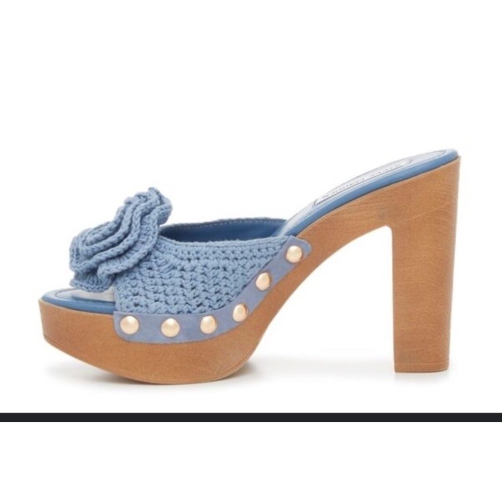 Steve Madden Maddrid Cotton Crochet Wood Heels 7.5 Baby Blue 4.5" Heel
